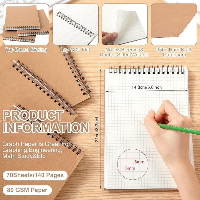 Engrowtic 1 Pack Graph Paper Spiral Notepad A5 Top Wirebound Notepad Grid - Image 2