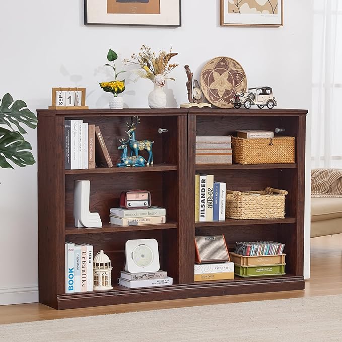 RWYHG 43" Walnut Tall Bookshelf Set of 2, 3-Tier Thick Wooden Book Shelf - Image 7