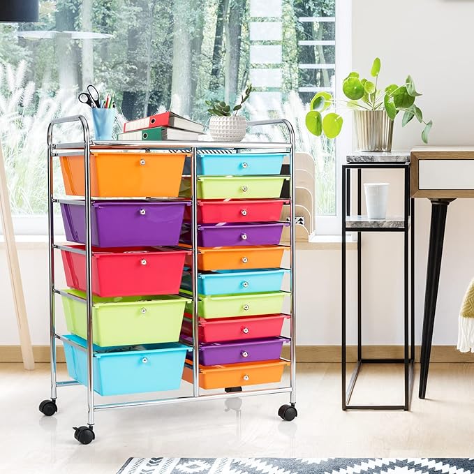 COSTWAY 15 Drawer Rolling Storage Cart, Utility Tools Paper Organizer on Wheels - Image 2