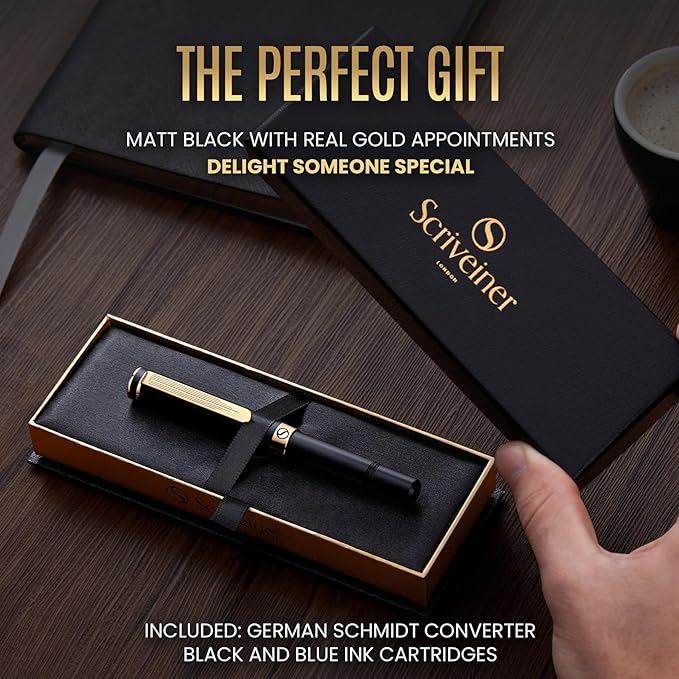 Scriveiner Luxury EDC Fountain Pen, Stunning Luxury Black Pocket Pen, Real Gold - Image 3