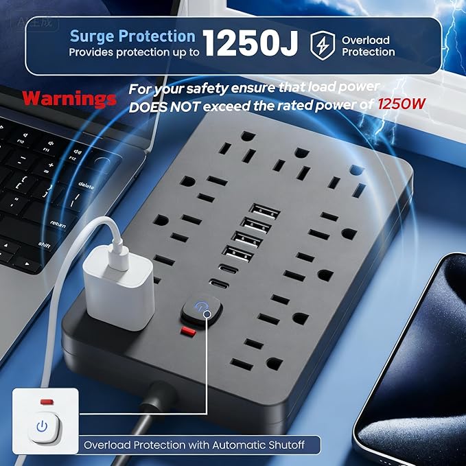 JouleLoom 2PCS 6 FT Flat Plug Surge Protector Power Strip, 11 Multiple AC - Image 8