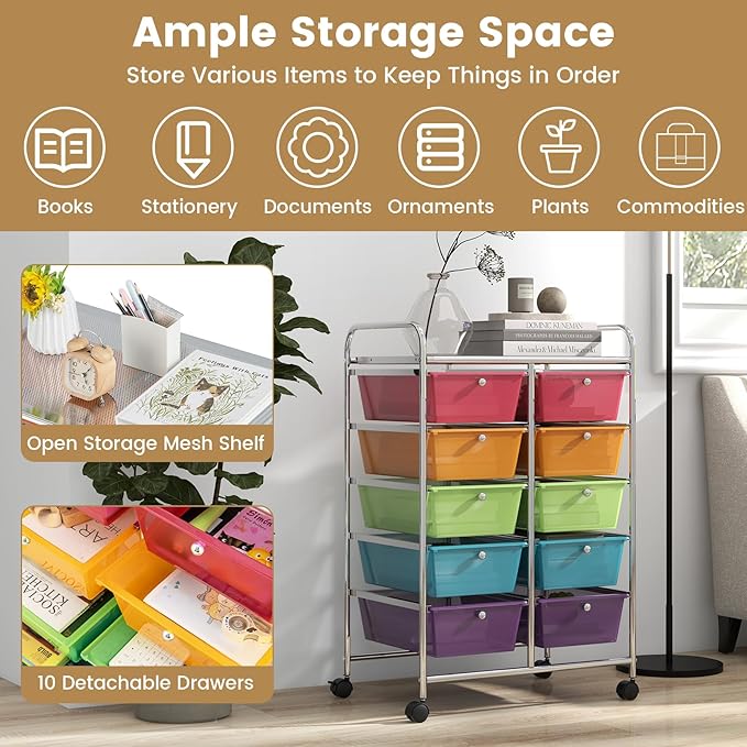 HAPPYGRILL 10-Drawer Rolling Storage Cart, Storage Organizer Cart - Image 3
