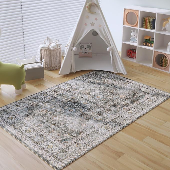 Rugcomf Area Rug 4x6 Rug Washable Boho Rugs Non Slip Low Pile Soft Floral Small - Image 7