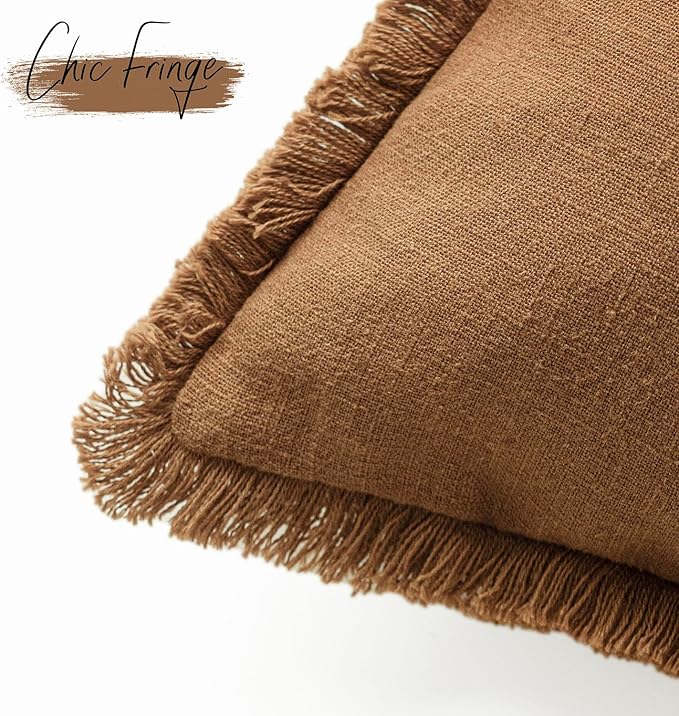 Foindtower Set of 2 Decorative Linen Fringe Throw Pillow Covers Cozy Farmhouse - Image 3