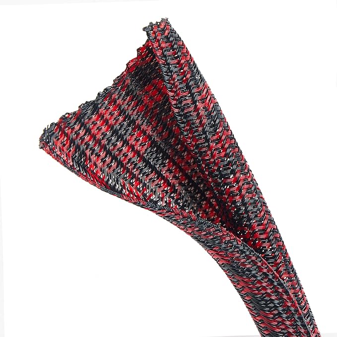 QCSIW Split Cable Sleeve, 1/4 inch 100ft Black Red Braided Wire Loom - Image 4