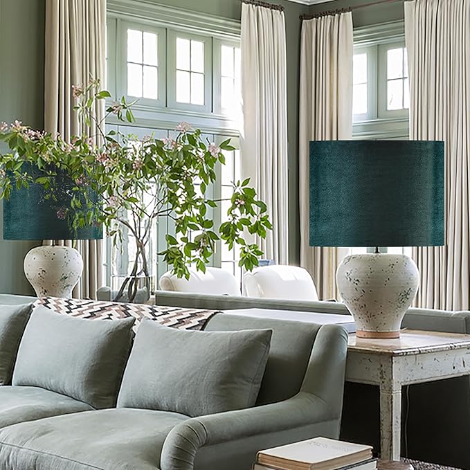 Green Velvet Lampshades Set of 2 Large Drum Lamp Shade 16" Top x 16" Bottom x - Image 8