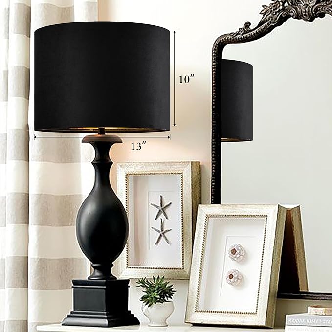 GO&SO Black Velvet Lamp Shades Set of 2 Medium Drum Lampshades -13" Top x 13" - Image 4