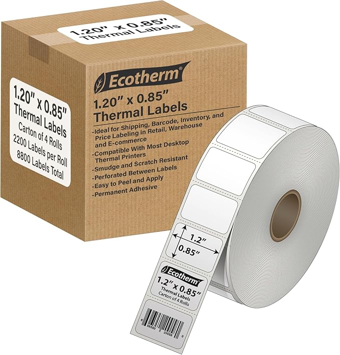 1.2" x .85" Thermal Labels | 4 Rolls | 8800 Labels | fits Zebra, Offnova by EcothermProducts