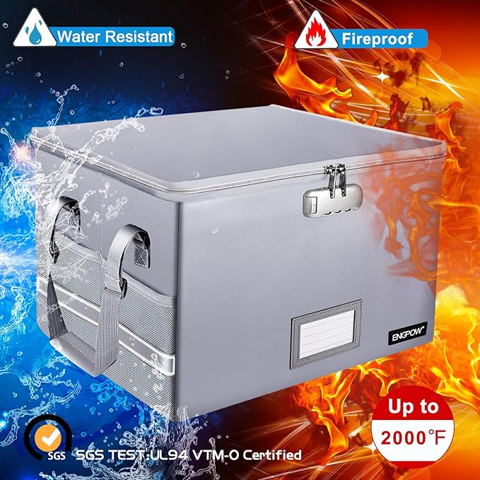ENGPOW File Box with Lock, Fireproof Document Box with Pockets, Collapsible - Image 3