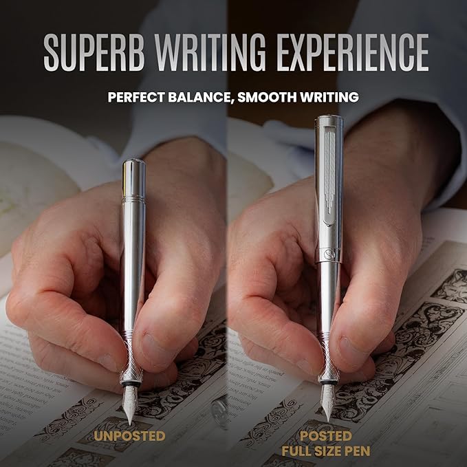 Scriveiner Personalized Silver Chrome Fountain Pen, Award Winning Luxury Pen - Image 7