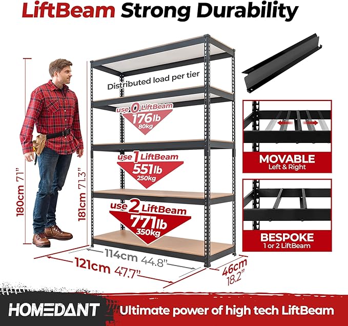 HOMEDANT 47.7" W 5 Tier Heavy Duty Garage Shelving Adjustable Metal Rack - Image 2