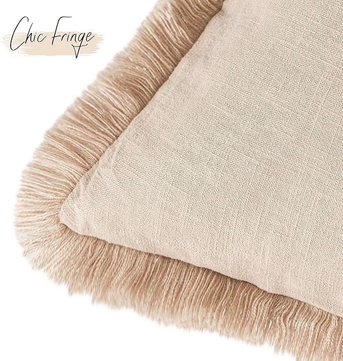Foindtower Set of 2 Decorative Cozy Farmhouse Cushion Cover Linen Fringe Throw - Image 3