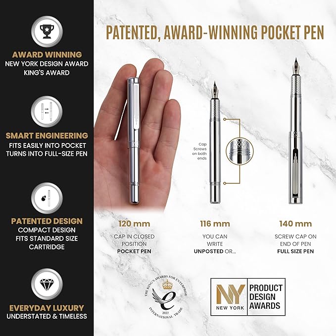 Scriveiner Personalized Silver Chrome Fountain Pen, Award Winning Luxury Pen - Image 4