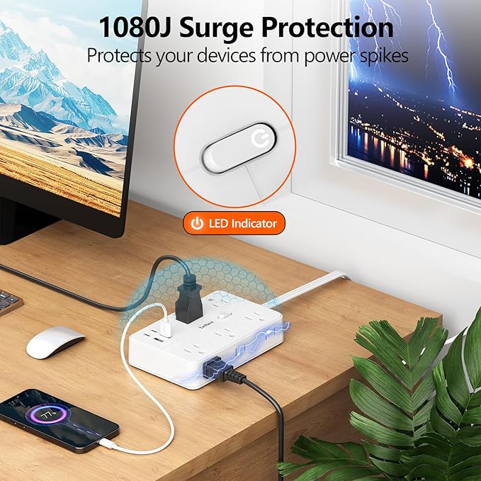 Surge Protector Power Strip-TerHavn 15 FT Flat Extension Cord ，10 AC Outlets & - Image 4