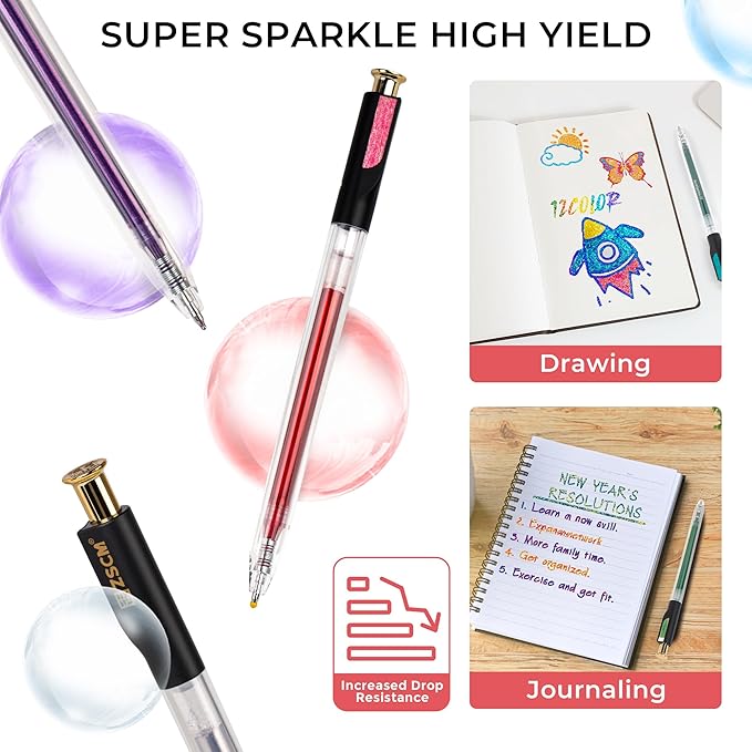 ZSCM Retractable Super Glitter Gel Pens, 12 Colors Large Capacity Metallic - Image 5