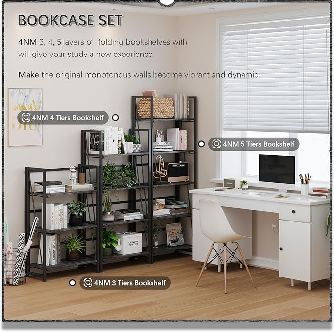 4NM No Assembly Folding Bookshelf Storage Shelves 4 Tiers Vintage Bookcase - Image 6