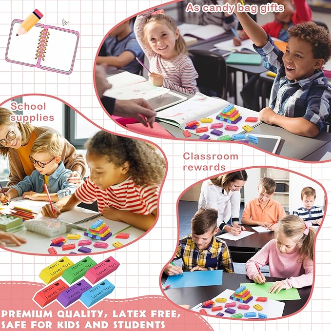 Yaomiao 180 Pcs Bulk Erasers for Kids Pencil Beveled Erasers Colorful Christian - Image 7