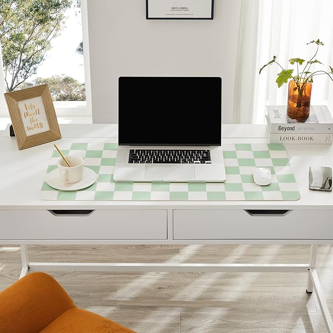 Ohocut Checkered Desk Mat, 31.5" x 15.7" Large Cute Sage Green Aesthetic Retro - Image 3