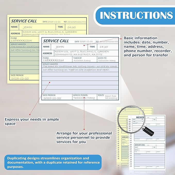 100 Sets Service Call Log Book 5 5/8 x 8 1/2" 2 Part Carbonless 2 Message Sets - Image 4