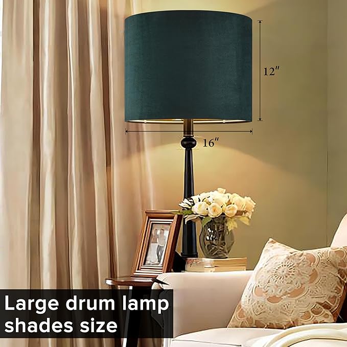 Green Velvet Lampshades Set of 2 Large Drum Lamp Shade 16" Top x 16" Bottom x - Image 4