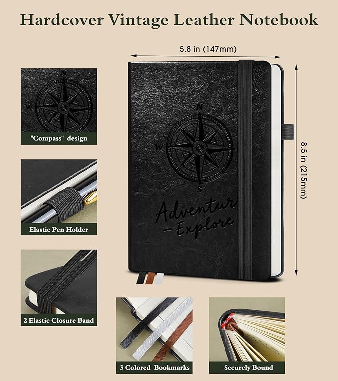 PAIBAS Lined Journal Notebook for Women Men, 160 Pages, A5 Hardcover Vintage - Image 2