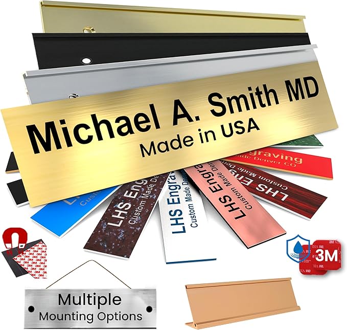 Engraved Name Plates for Doors, and Plaques Personalized Brushed Brass Plastic by LHS+My+Business