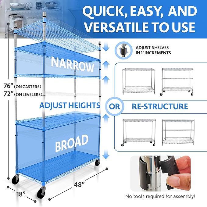 4000 LBS Heavy Duty Wire Rack 48 x 18 x 76, 5-Tier NSF Commercial Rolling Rack - Image 2