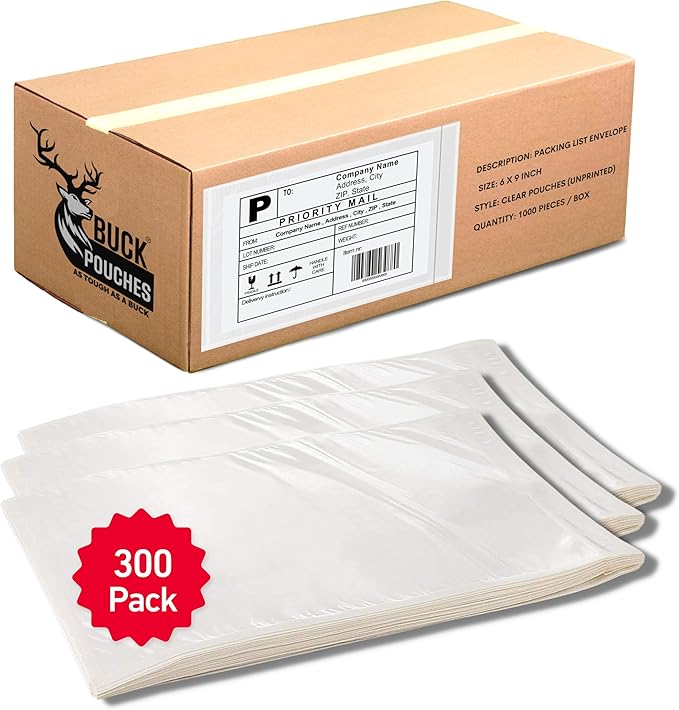 300 Pack 6"x9" Shipping Label Sleeves – Clear Self-Adhesive Packing Slip Pouches by BuckUSA
