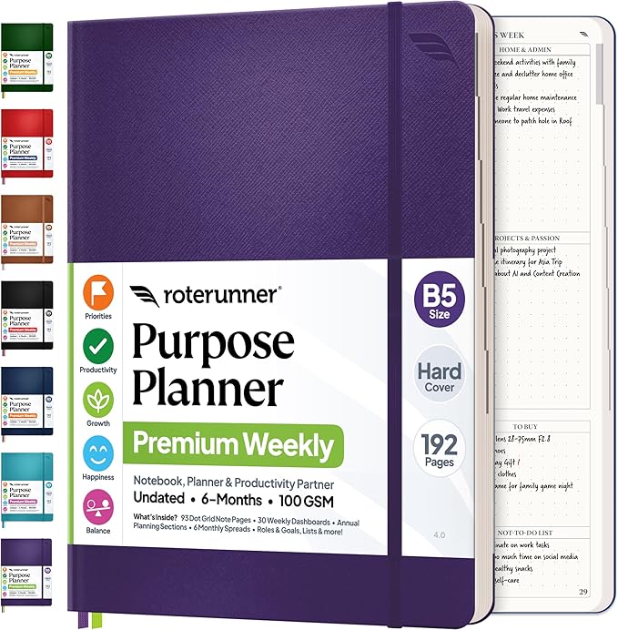 Roterunner Purpose Planner Notebook B5 7.5”x9.8” Undated 2026 Daily Weekly and by Roterunner