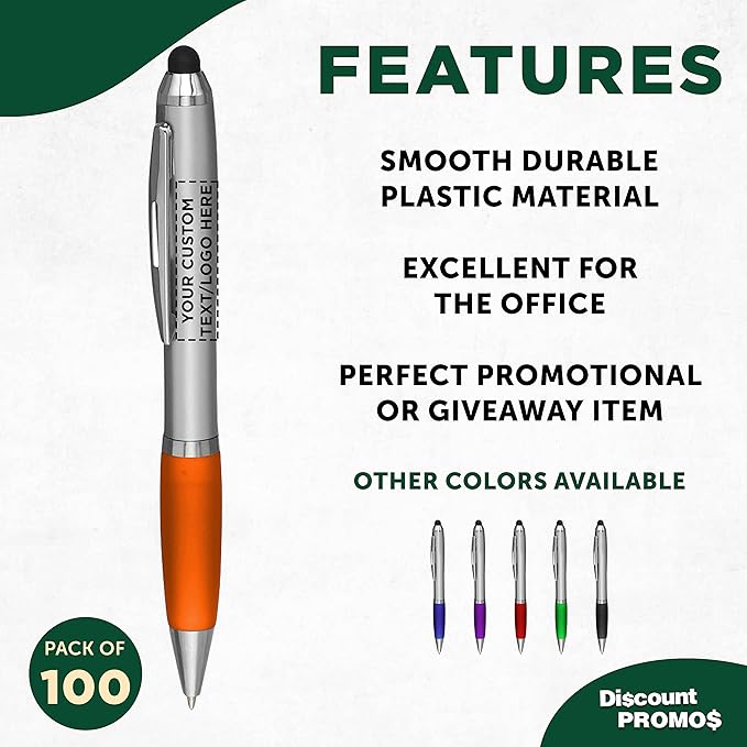 DISCOUNT PROMOS Custom Stylus Ballpoint Pens Set of 100, Personalized Bulk Pack - Image 2