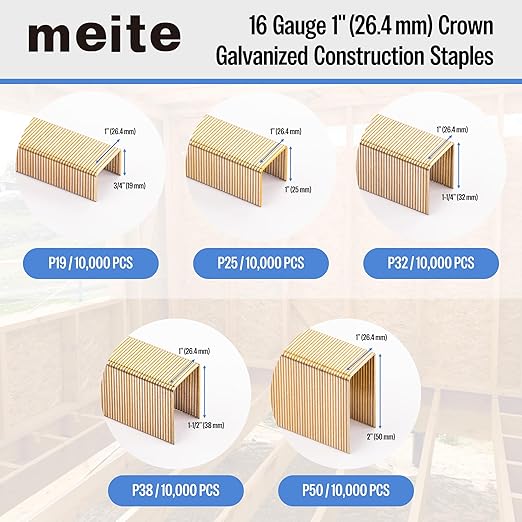 meite 16 Gauge 1-Inch Wide Crown Staples 2'' Leg, Galvanized P-Type Heavy Duty - Image 2