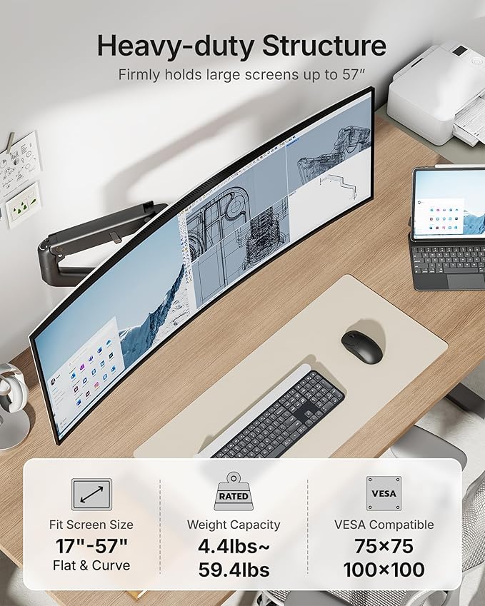 monTEK Single Monitor Arm with USB A/C, Ultrawide Monitor Stand - Image 2