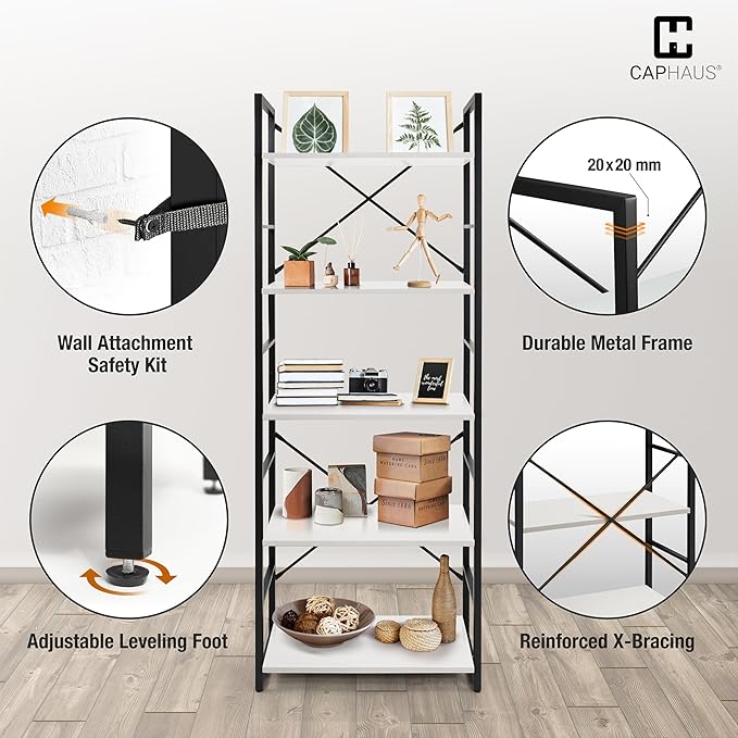 CAPHAUS 5 Tier Bookshelf, 24 Inch Width Free Standing Shelf, Bookcase Shelf - Image 5