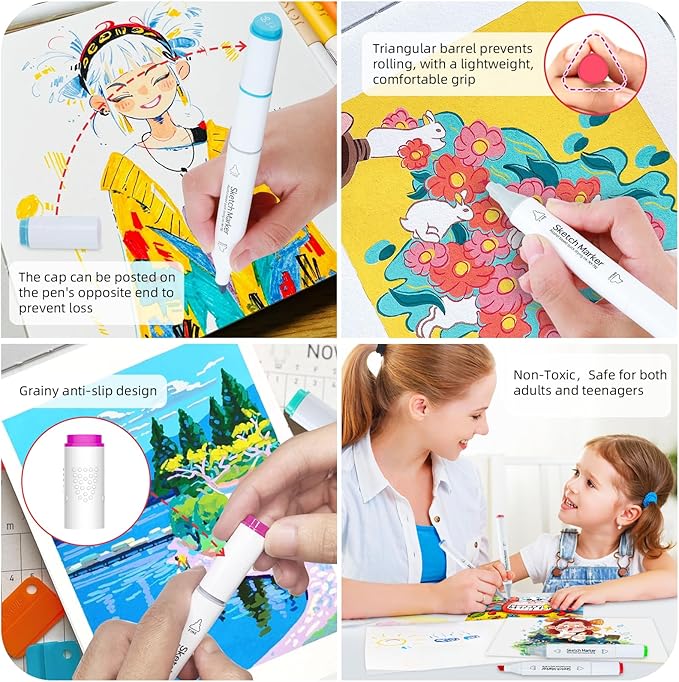 HOMESILMO-48 Color Double Head Alcohol Marker Set, Fine Chisel, Dual Effect - Image 5