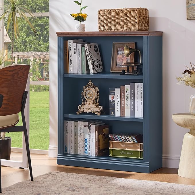 RWYHG 43" Blue Tall Bookshelf, 3-Tier Thick Wooden Book Shelf by RWYHG