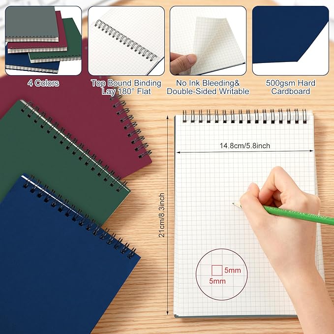 Engrowtic 8 Pack Graph Paper Spiral Notepad A5 Top Wirebound Notepad Grid - Image 2