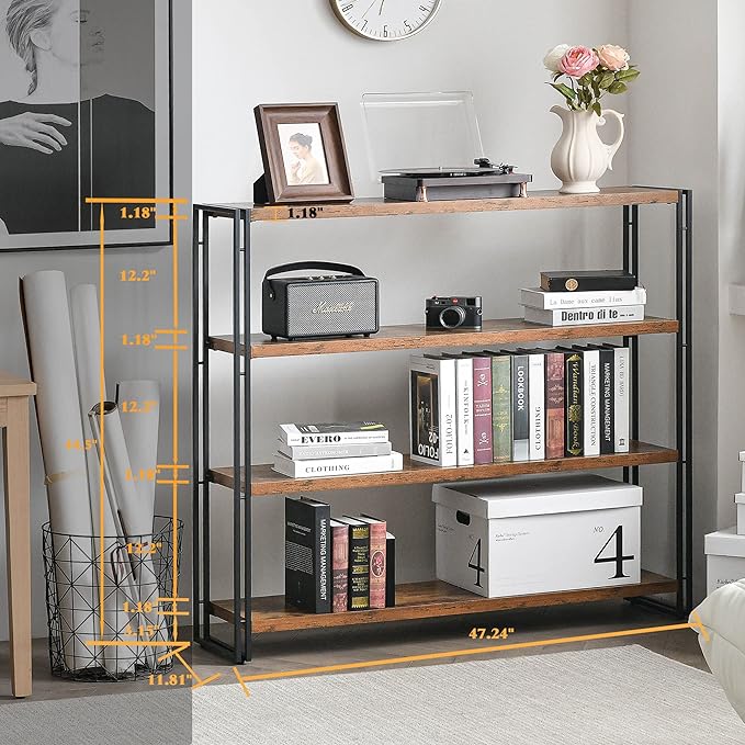 HCHQHS Bookshelf, 4-Tier Industrial Bookcase, Rustic Wood and Metal Open - Image 3