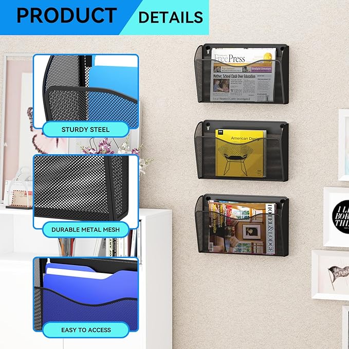 GDINDINFAN 6 Single Pocket Wall File Holder, Mesh Hanging File Folder Paper - Image 4