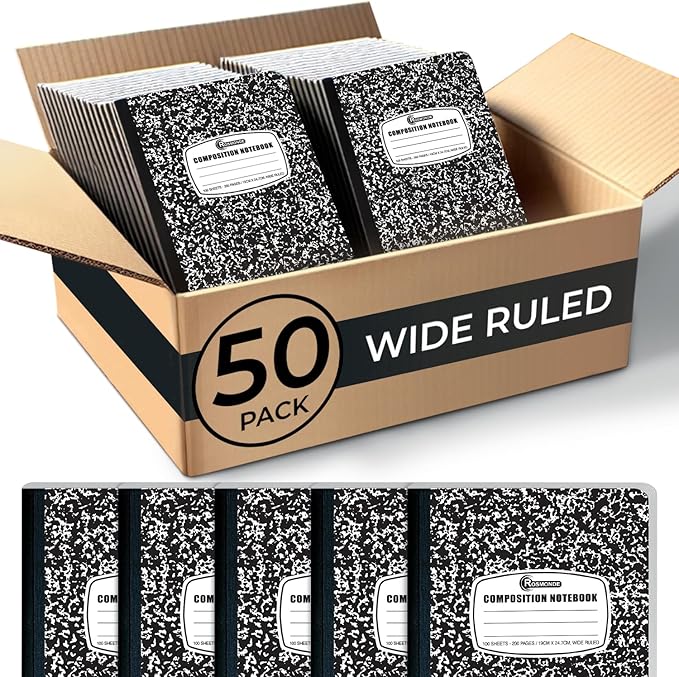 Rosmonde 50 Pack Composition Notebooks Bulk Wide Ruled, 200 Pages, 9-3/4 x 7-1/2 by Rosmonde