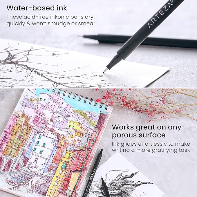 ARTEZA Inkonic Fineliners Pens, 0.4 mm Fine Tip Markers, Water-Based Art Pens - Image 4