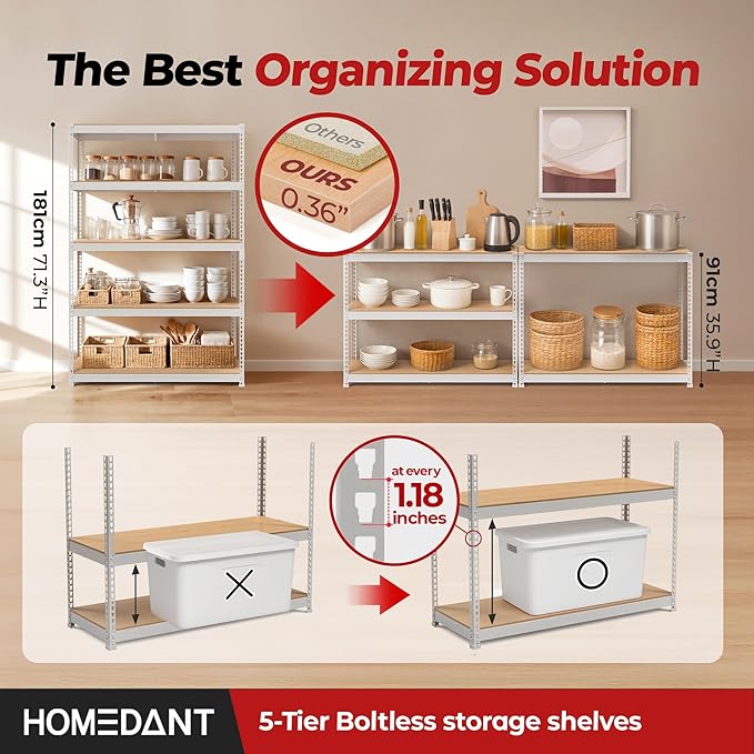 HOMEDANT 5 Tier Storage Shelves Adjustable Laminated Boltless Garage Metal - Image 3