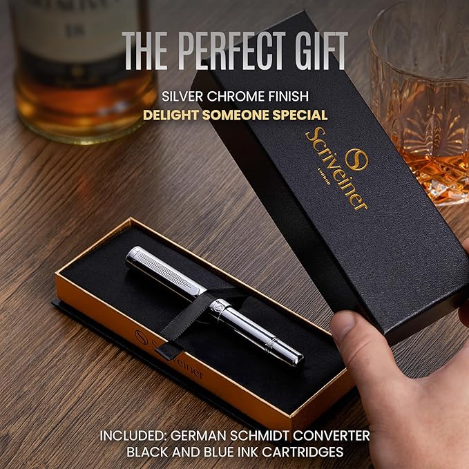 Scriveiner Personalized Silver Chrome Fountain Pen, Award Winning Luxury Pen - Image 3