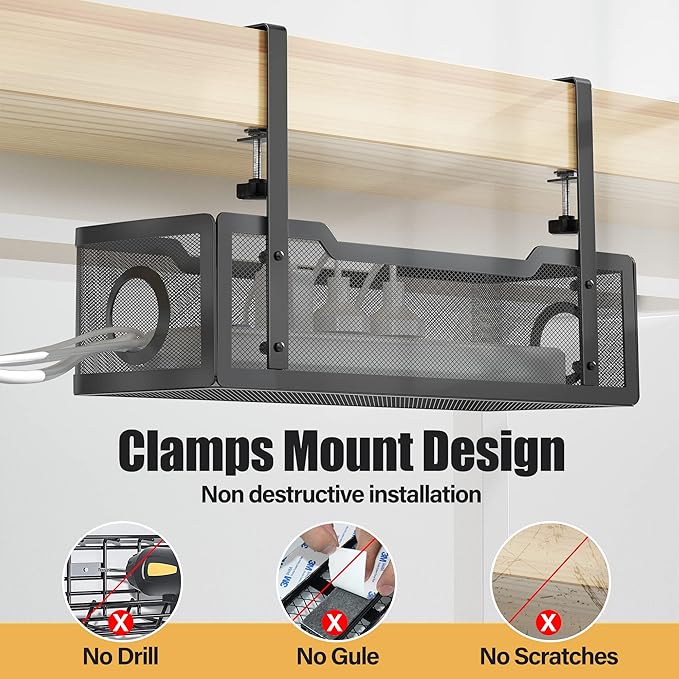 Under Desk Cable Management Tray Black, Cinati Wire Organizers No Drill - Image 4