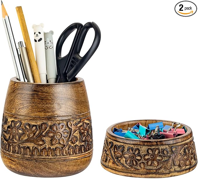 Mie Creations Wooden Desk Organizer Set of 2 Pen Holder, Paper Clip Storage by MieCreations