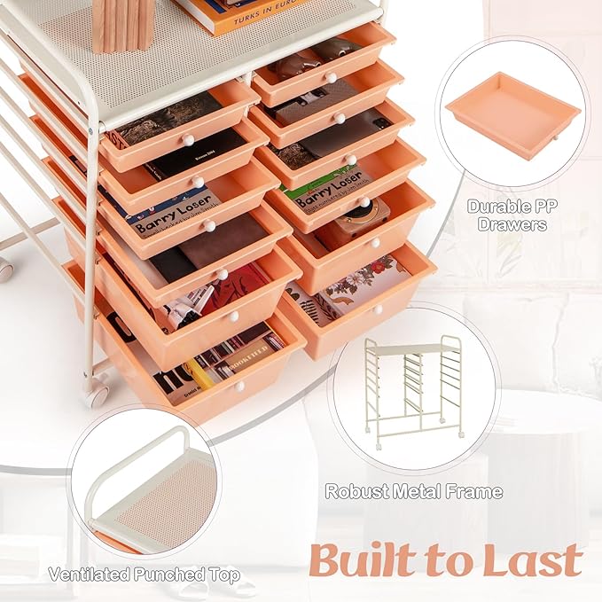 Happygrill 12-Drawer Rolling Storage Cart, 2 Sizes Plastic Drawers & Metal Shelf - Image 6