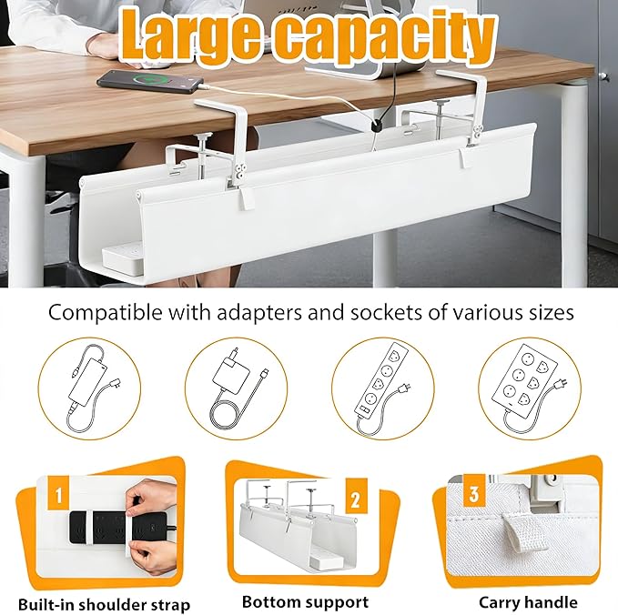 Oxford Cloth Under Desk Cable Management Tray, No-Drill 48" Desk Cable - Image 2