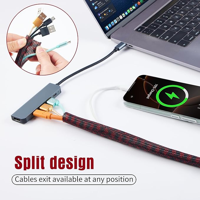 QCSIW Split Cable Sleeve, 1/4 inch 100ft Black Red Braided Wire Loom - Image 7