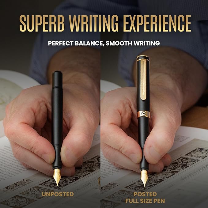 Scriveiner Luxury EDC Fountain Pen, Stunning Luxury Black Pocket Pen, Real Gold - Image 5