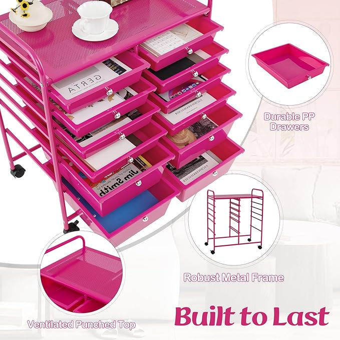 Happygrill 12-Drawer Rolling Storage Cart, 2 Sizes Plastic Drawers & Metal Shelf - Image 3