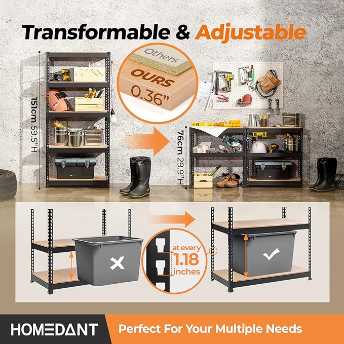 HOMEDANT 5 Tier Storage Shelves Adjustable Laminated Boltless Garage Metal - Image 5